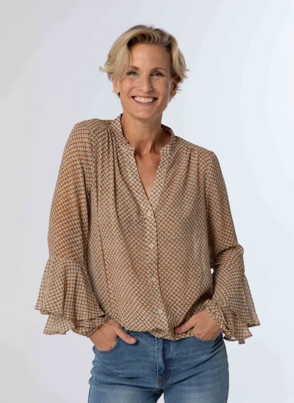 Blouses>Norah Blouse Bruin Blauw Geruit Beige